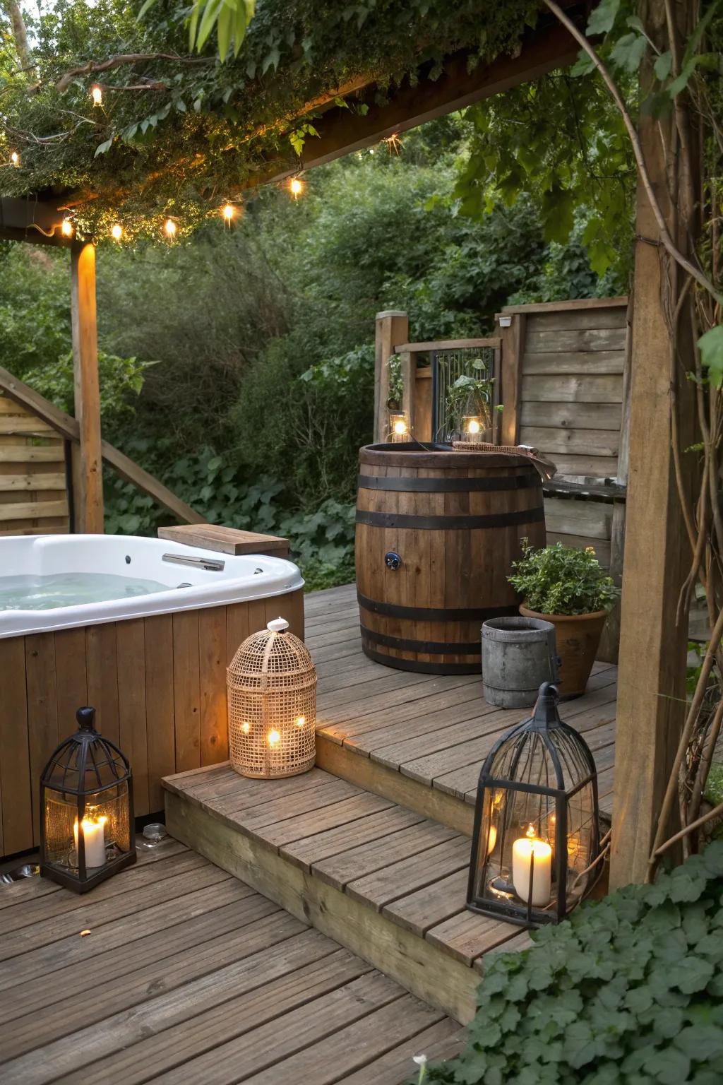 Vintage finds add character and charm to the rustic setup.