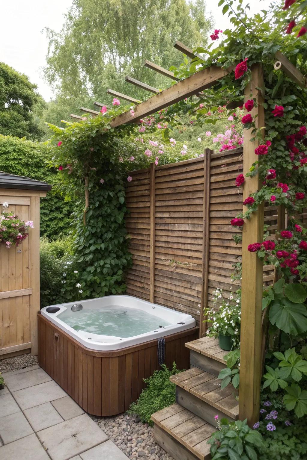 Vine-covered screens provide privacy and a touch of nature.