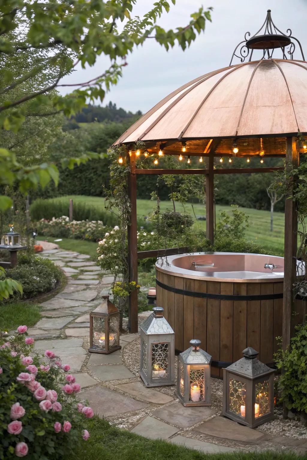 Metal accents bring a unique charm to the rustic hot tub space.