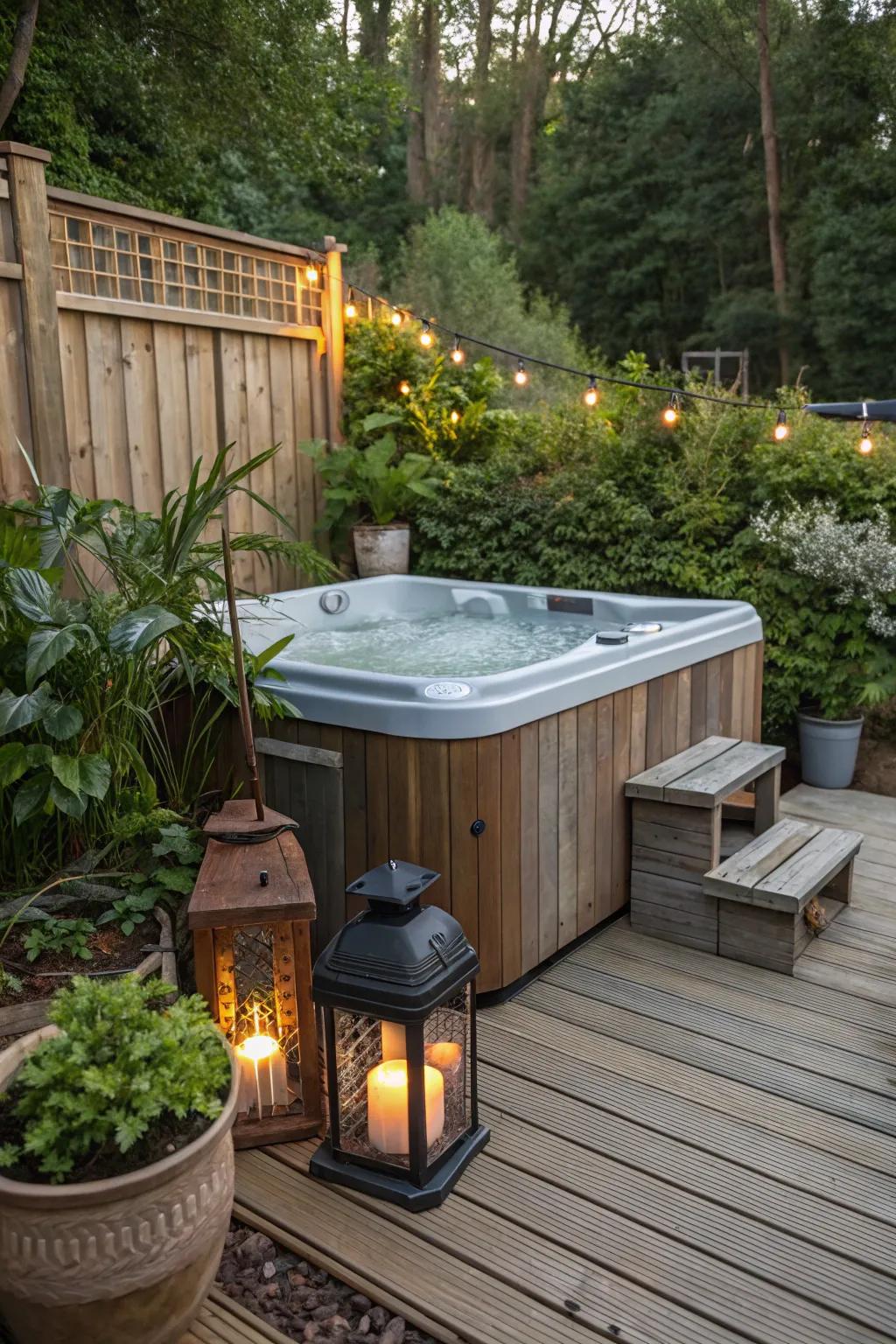 Reclaimed wood decking adds rustic charm and sustainability.