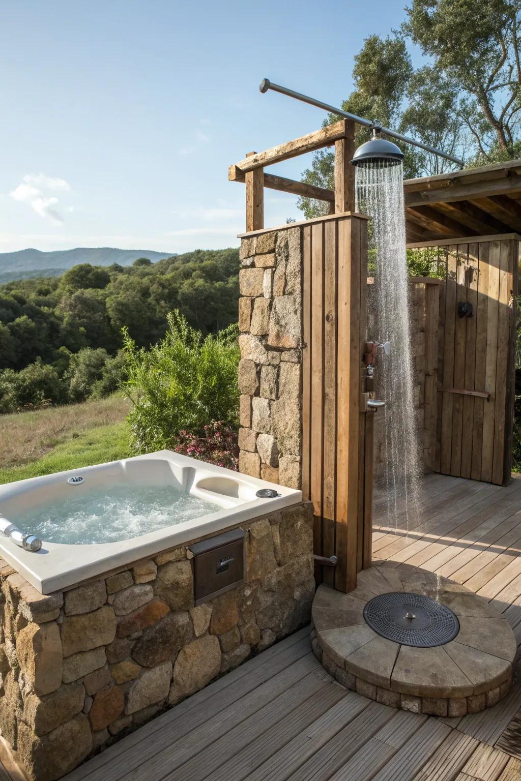 A rustic outdoor shower enhances the spa experience.