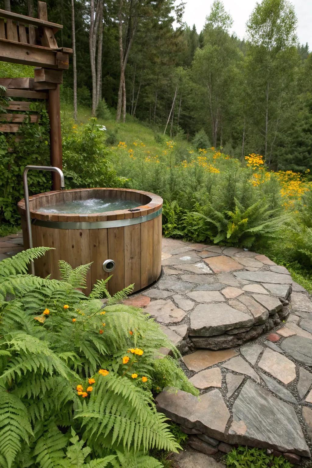 Stone elements create a harmonious rustic hot tub area.