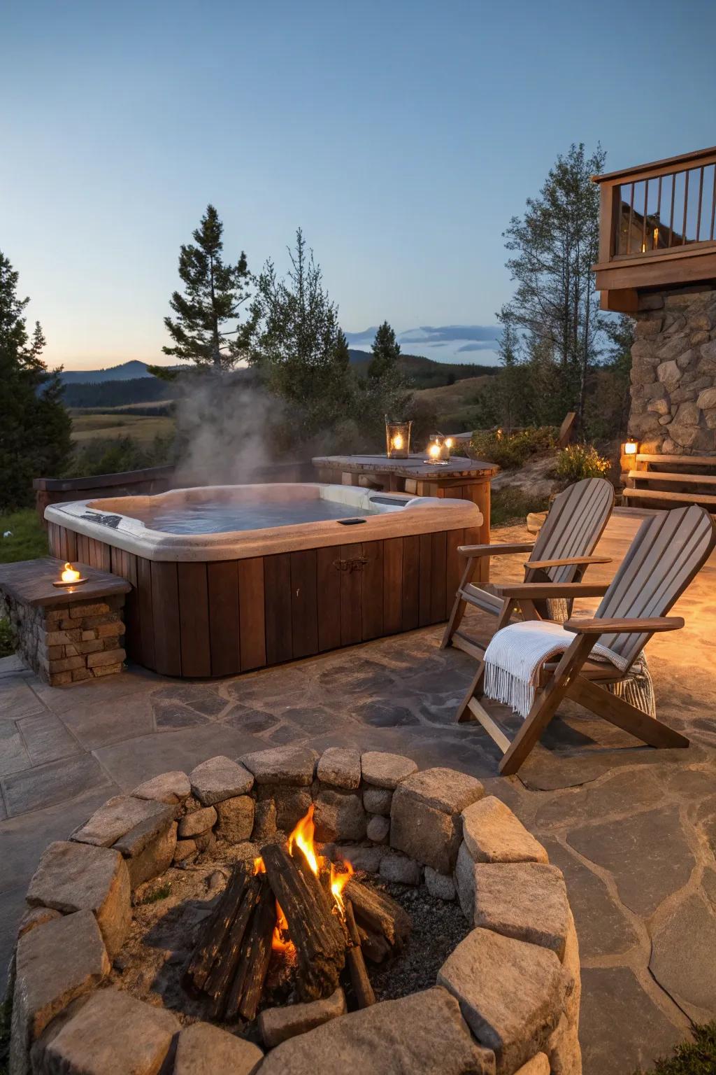 A cozy fire pit complements this rustic hot tub setup.