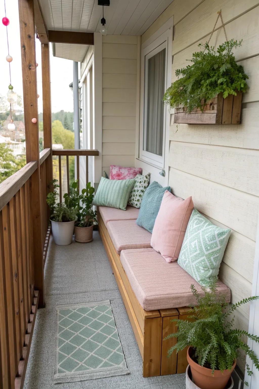 A cozy seating arrangement on a small porch.