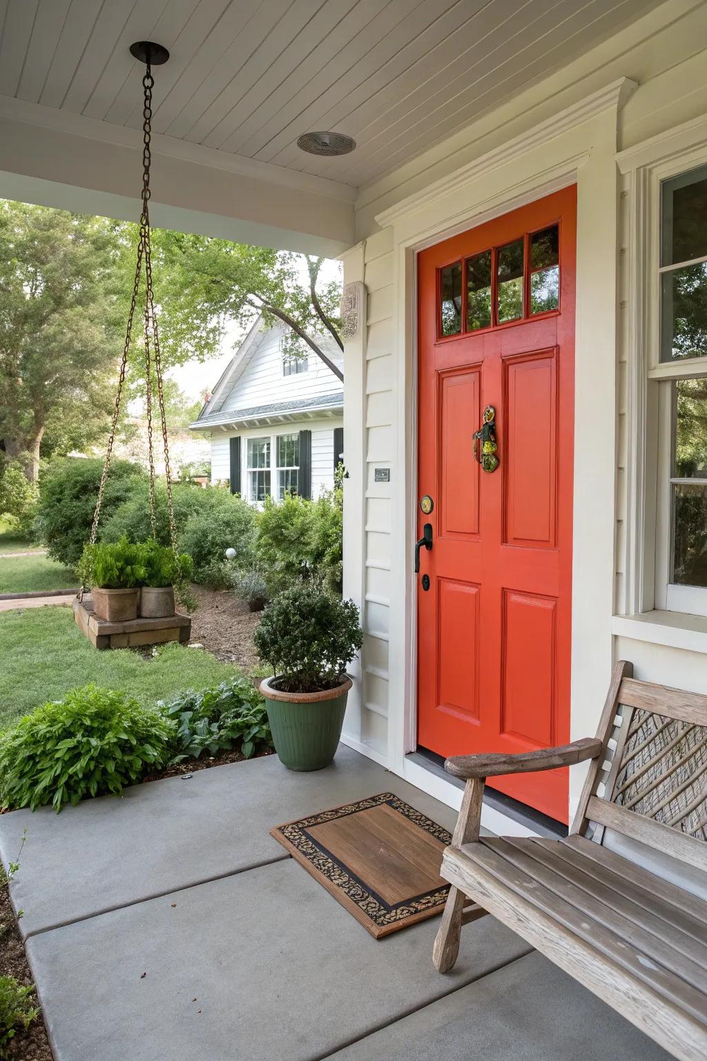 A striking front door adding vibrancy to a small porch.