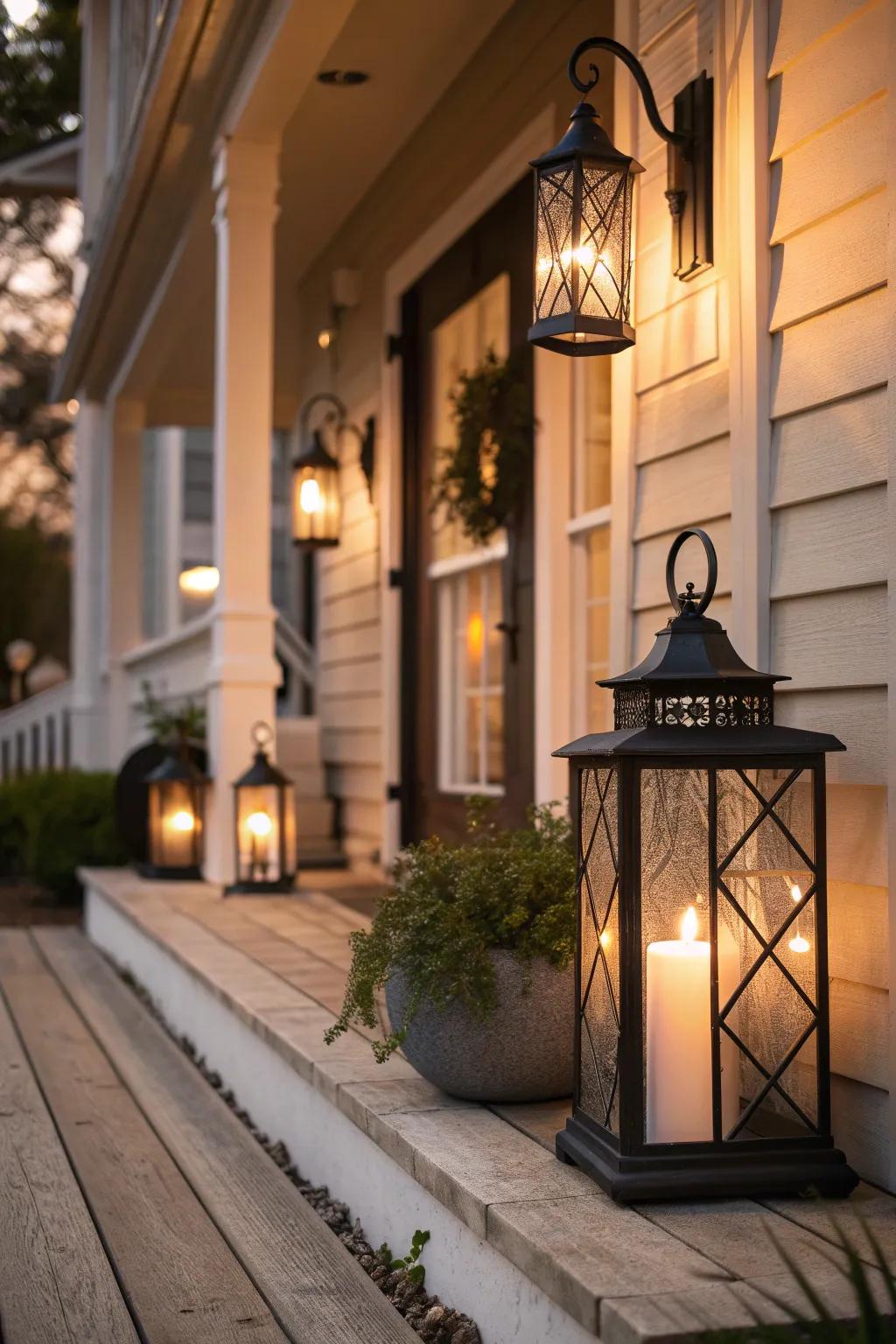 Modern lighting adding evening ambiance to a porch.