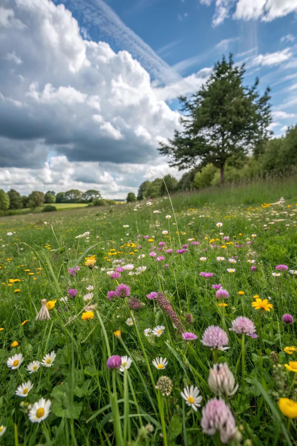 A natural lawn with clover and wildflowers reduces upkeep and enhances biodiversity.