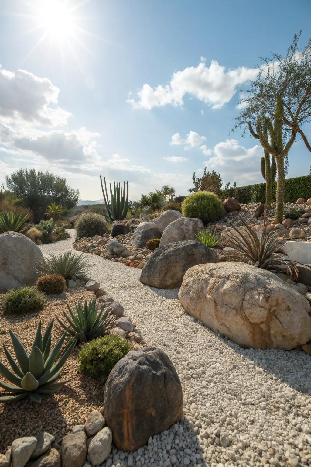 Rock gardens add texture and require less watering, perfect for low-maintenance landscaping.