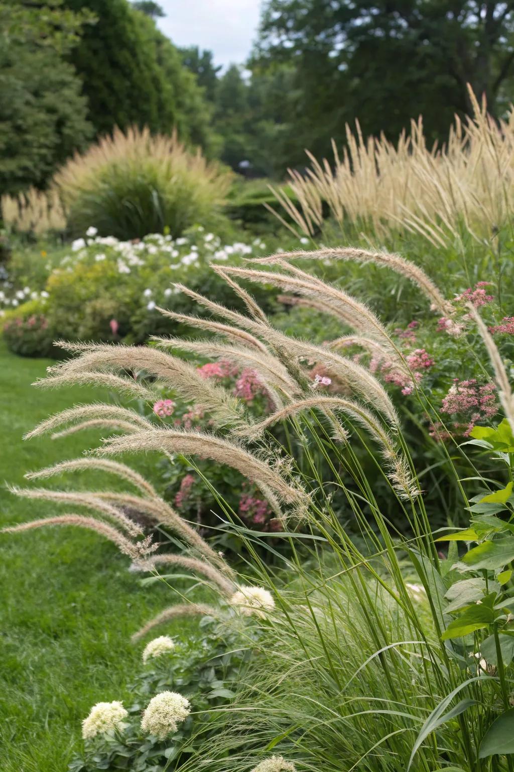 Ornamental grasses add movement and require minimal care.