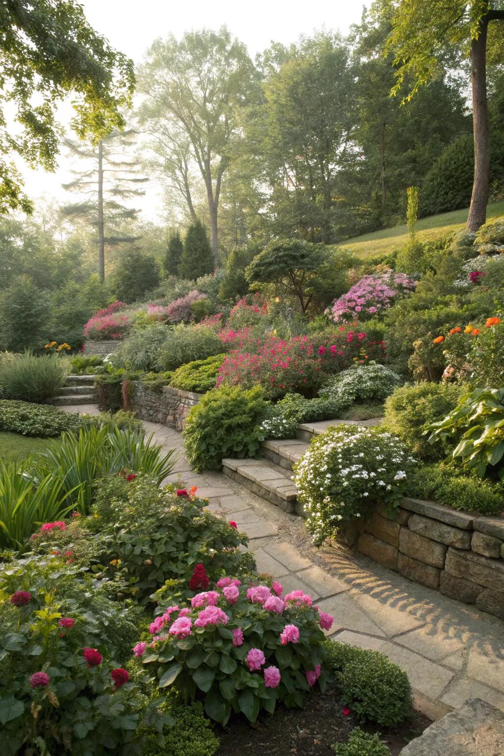 Layered plantings provide depth and easier maintenance.