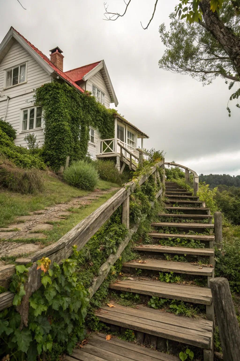 Rustic wooden outdoor staircase