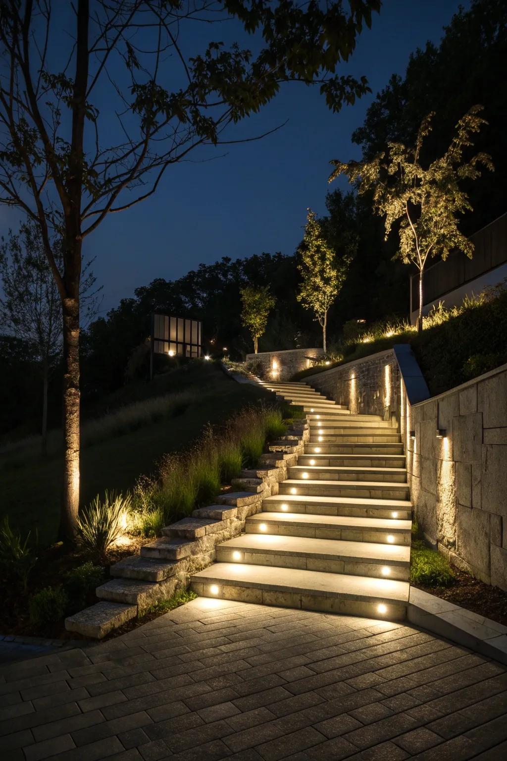 Outdoor staircase with integrated lighting