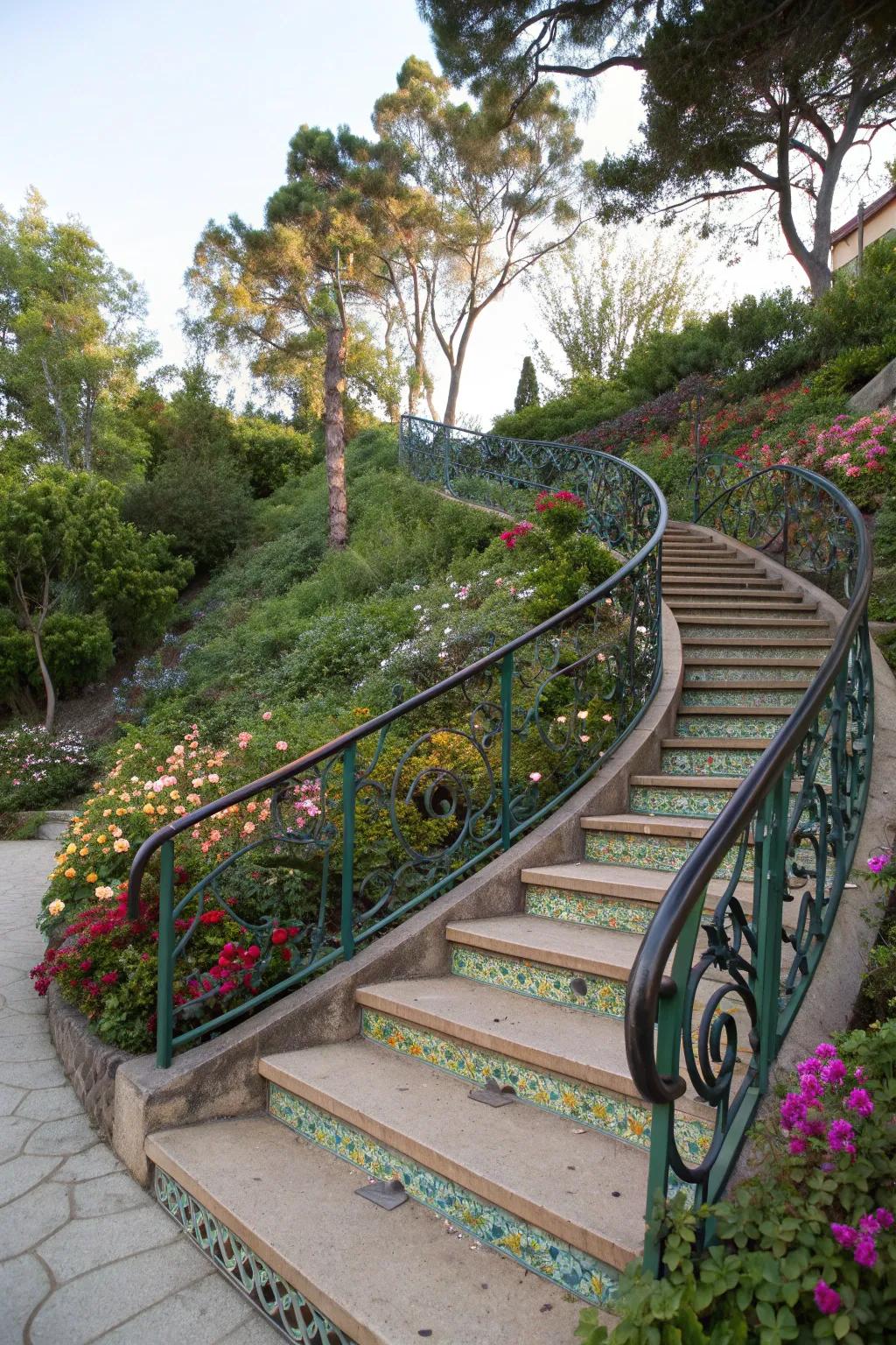 Outdoor staircase with artistic handrails