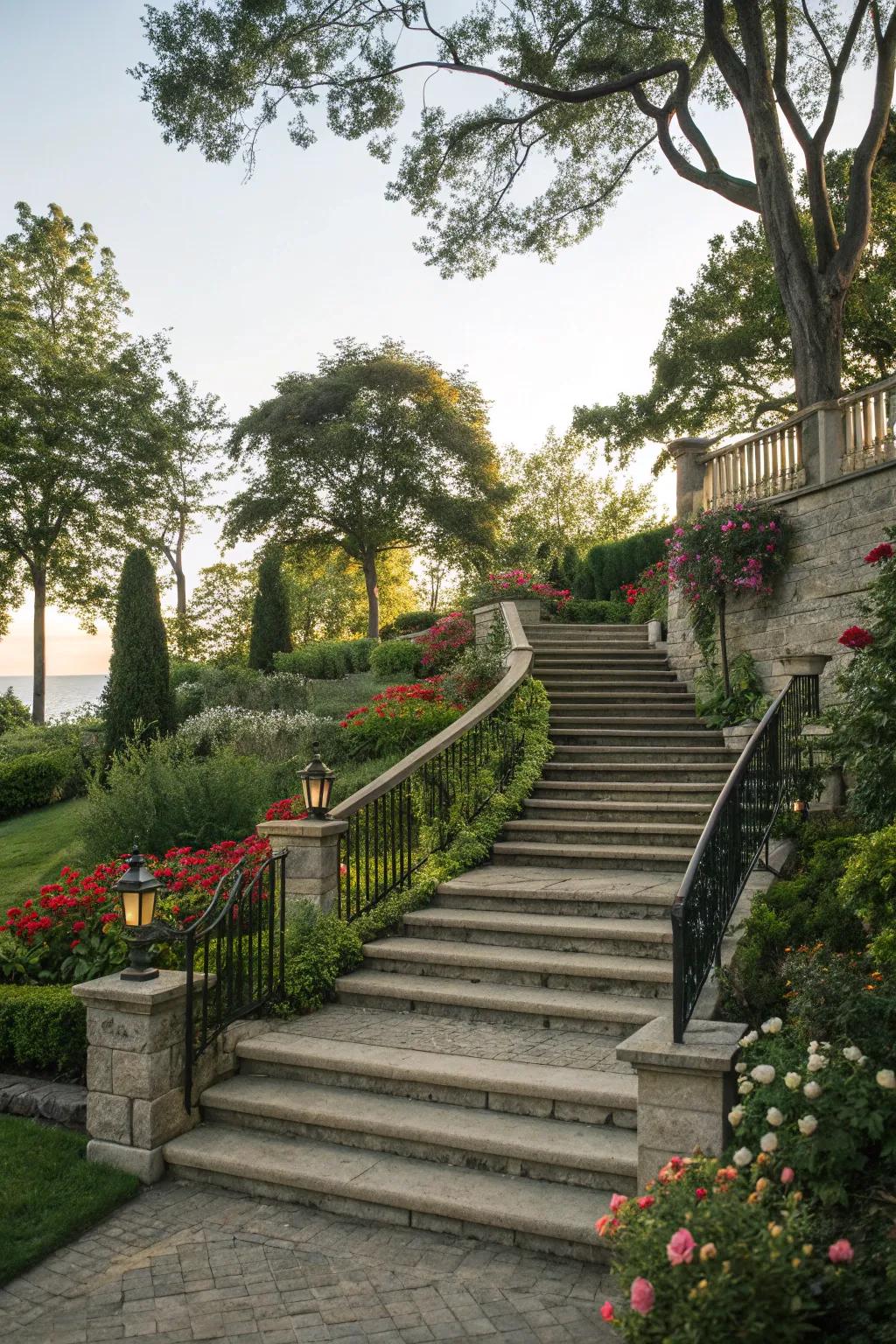 Two-tiered outdoor staircase with landing