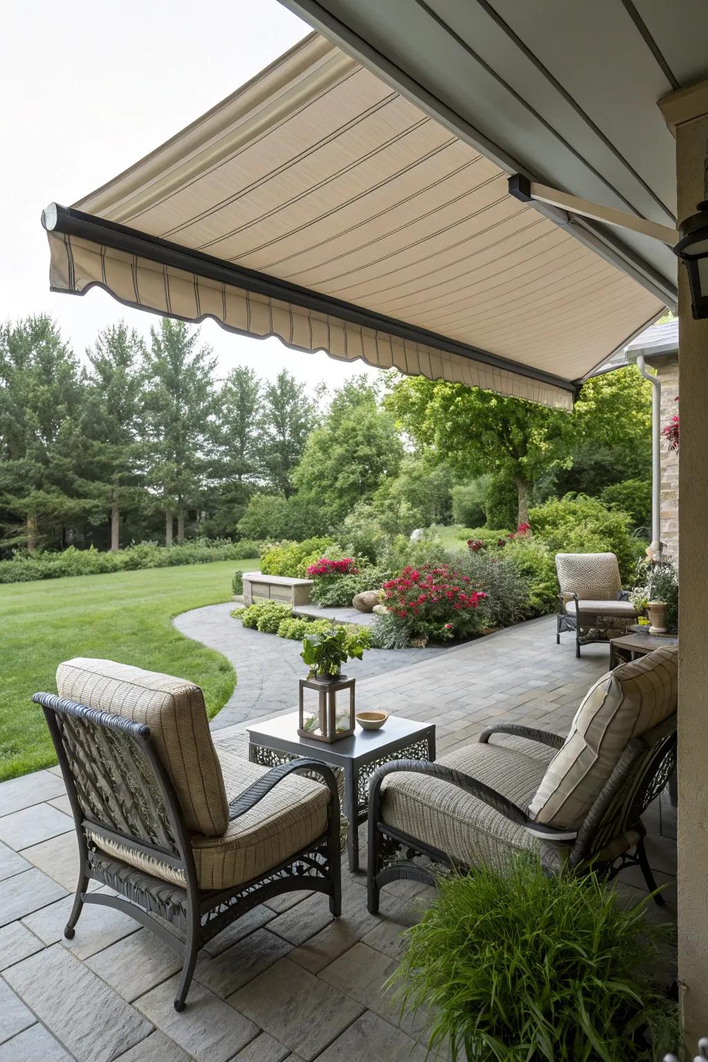 Retractable awnings provide flexible shade solutions.