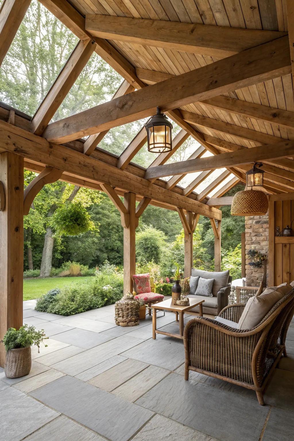 Timber-framed patios evoke a warm, inviting atmosphere.
