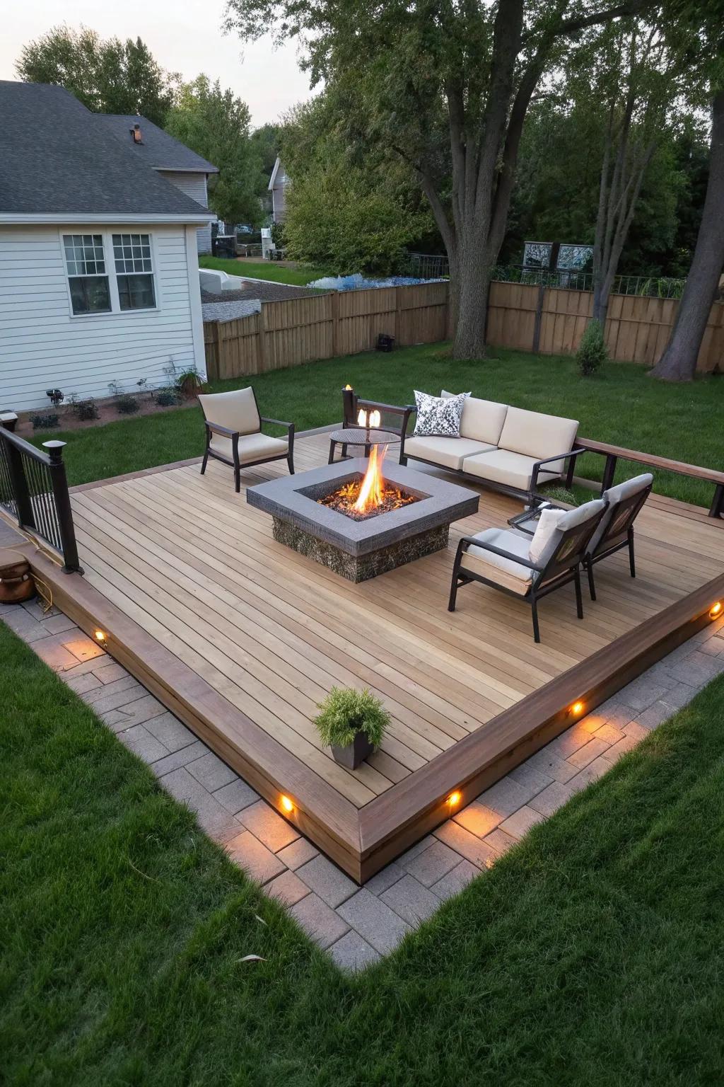 A cozy fire pit becomes the centerpiece of this square deck.