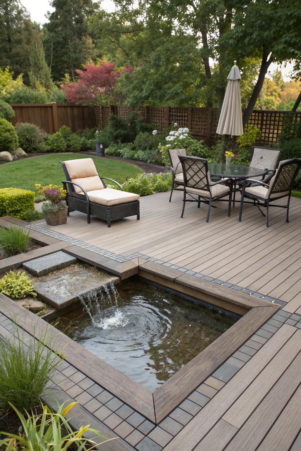 A serene water feature adds tranquility to this square deck.