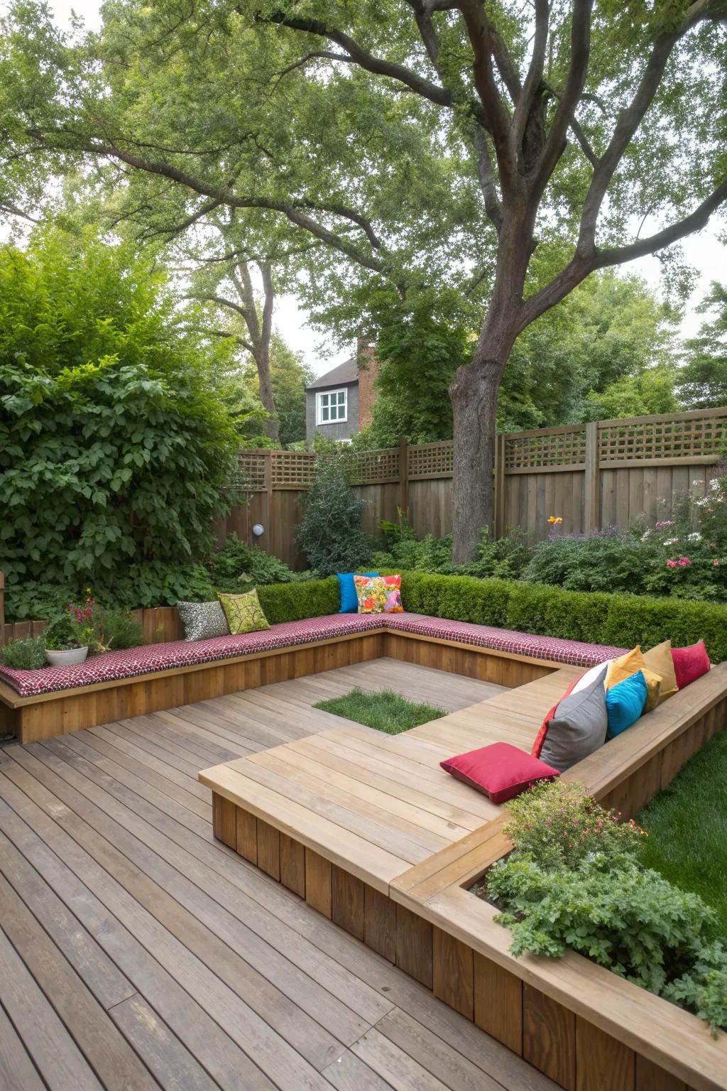 Square deck with cozy built-in benches for ultimate relaxation.