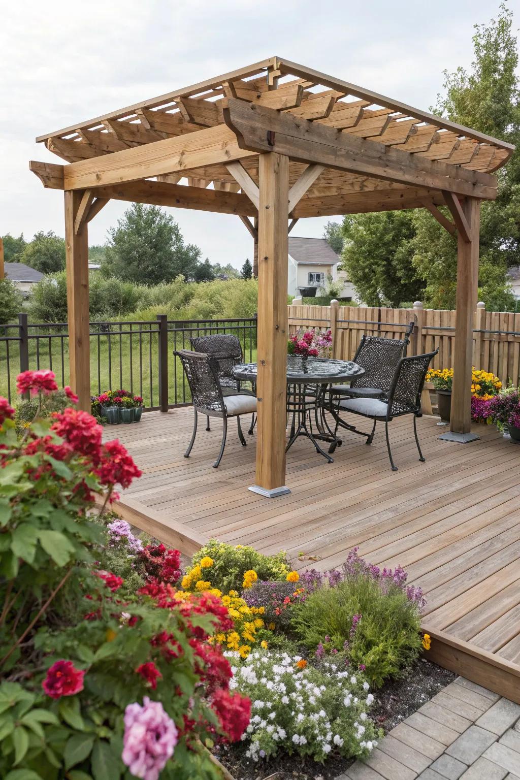 A charming pergola provides shade and style to this square deck.