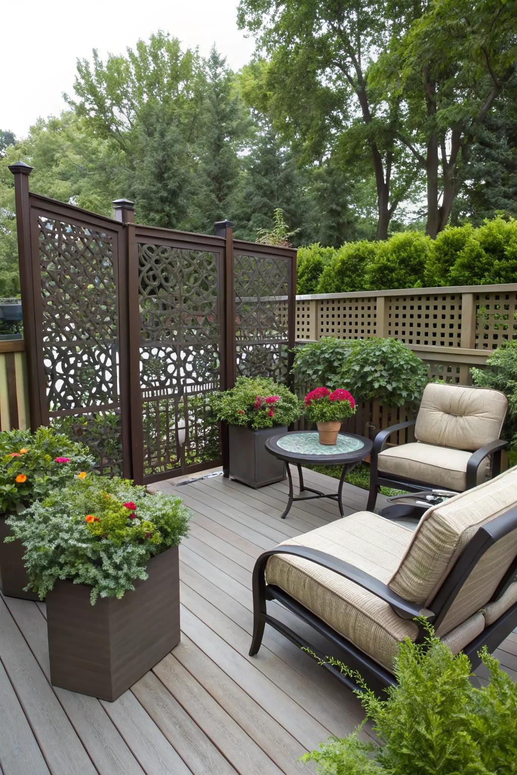 Privacy screens add a secluded feel to this square deck.