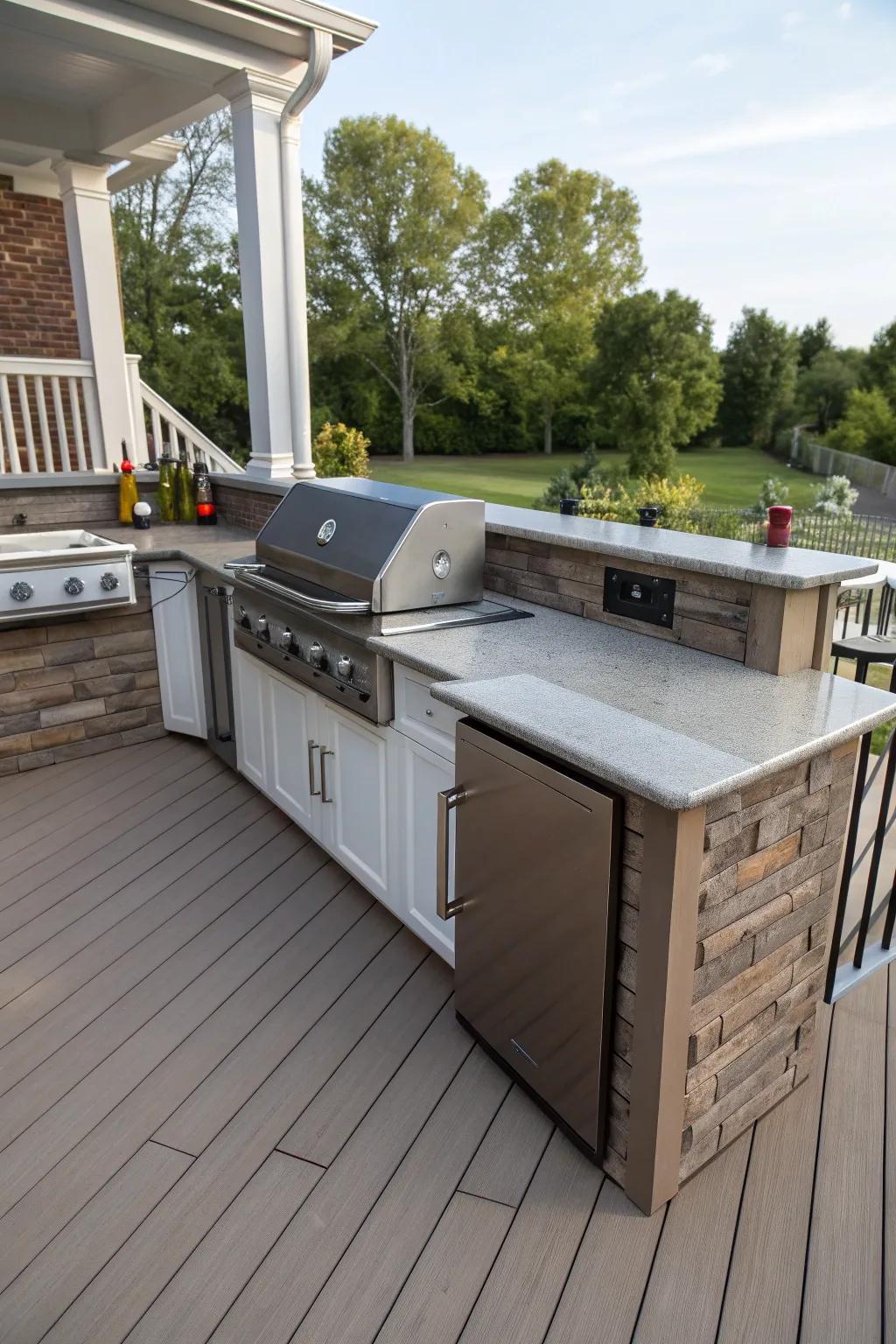 Outdoor cooking area makes this square deck a grilling paradise.