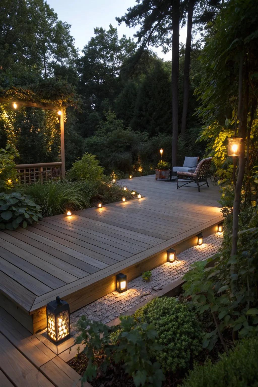 Ambient lighting turns this square deck into a nighttime retreat.