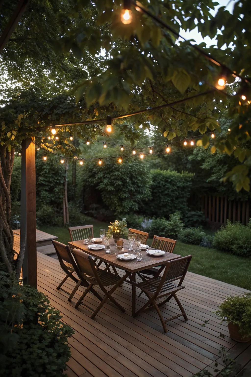 Outdoor dining setup on a charming square deck.