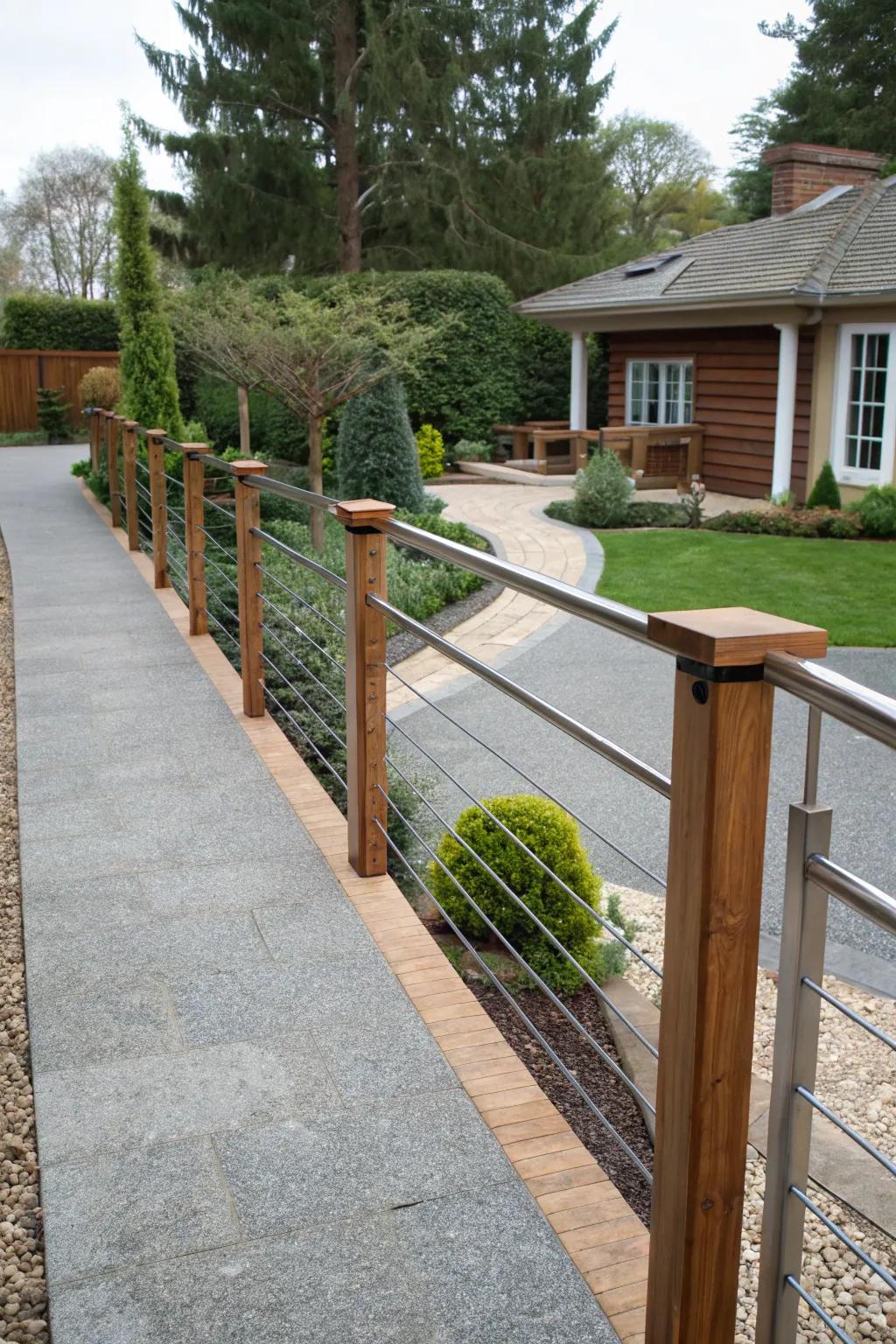 A perfect harmony of wood and metal in driveway railings.