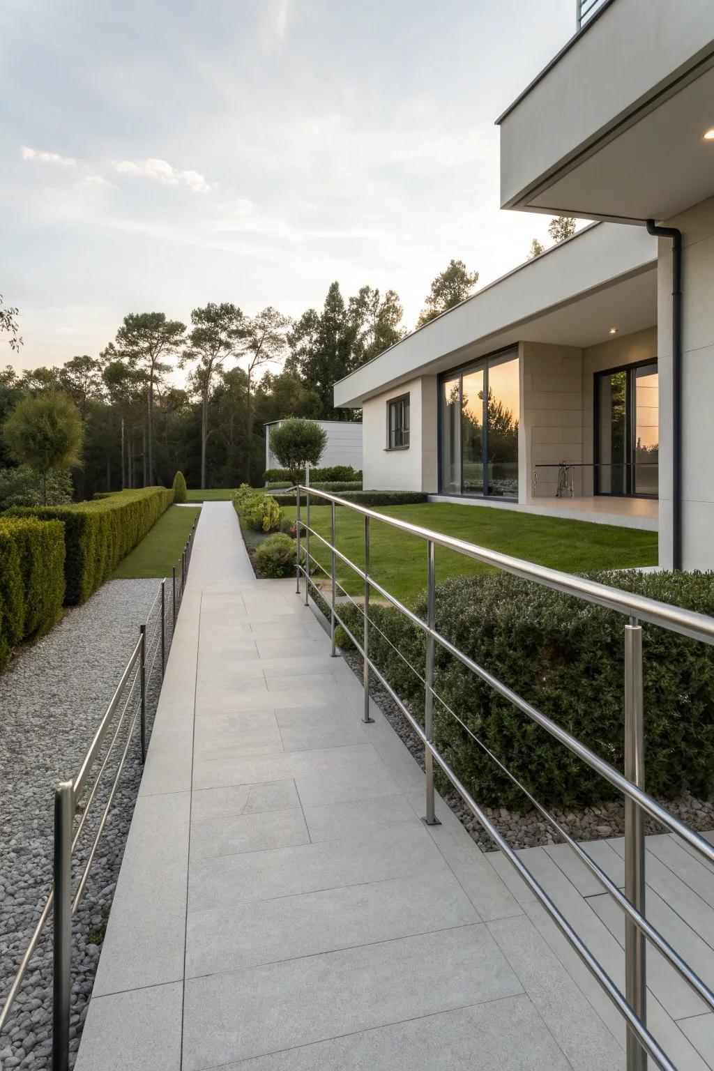 Sleek metal railings add a modern touch to any driveway.