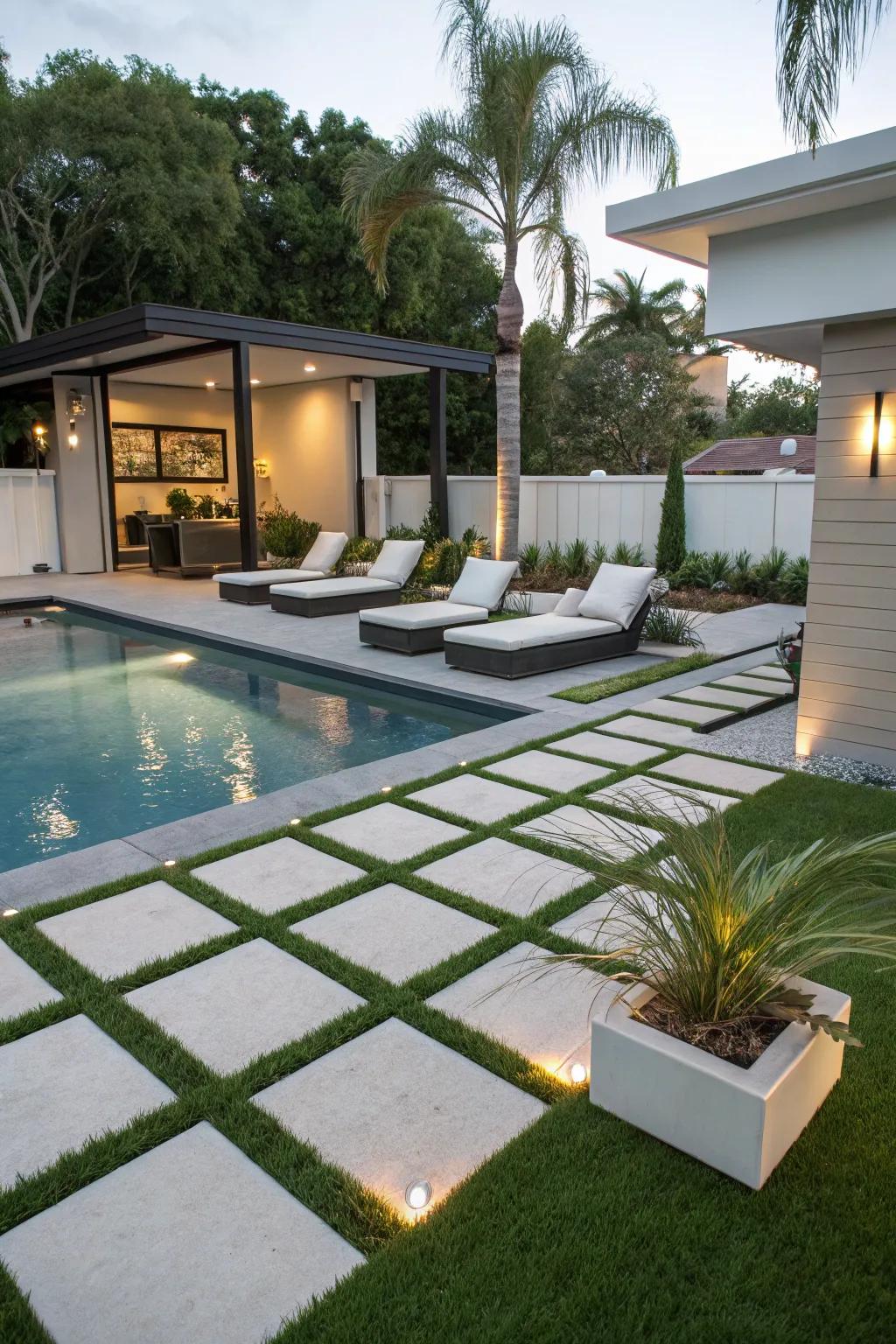 Modern poolside design using grass and pavers for a stylish look.