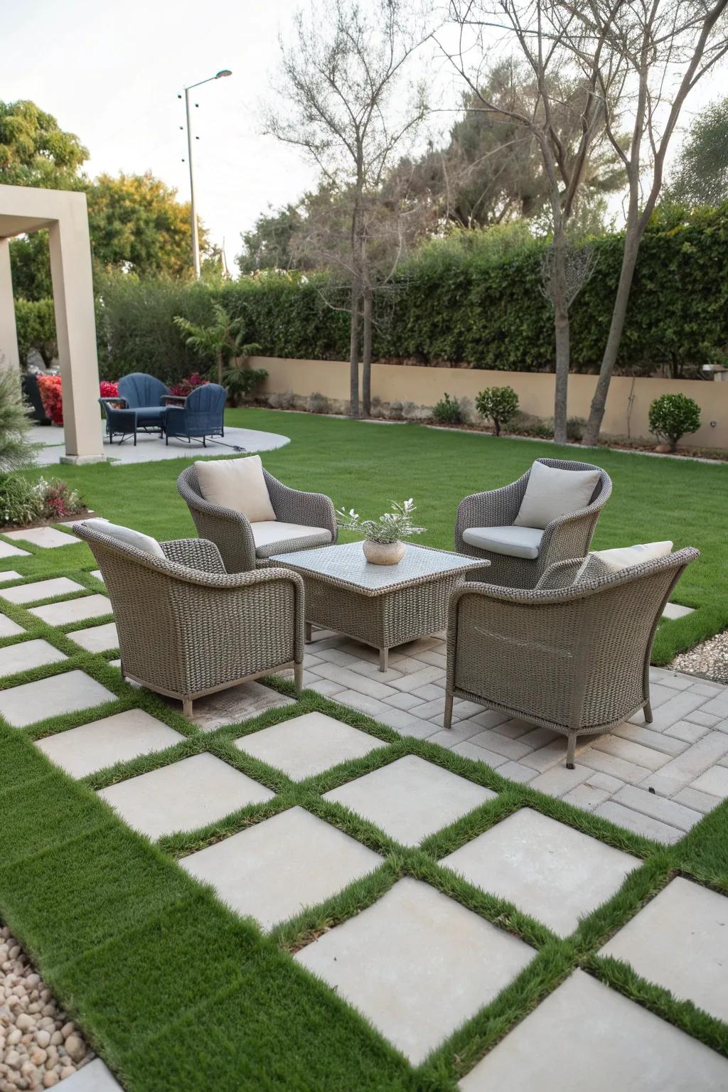 Create a sophisticated outdoor living space with furniture on pavers.