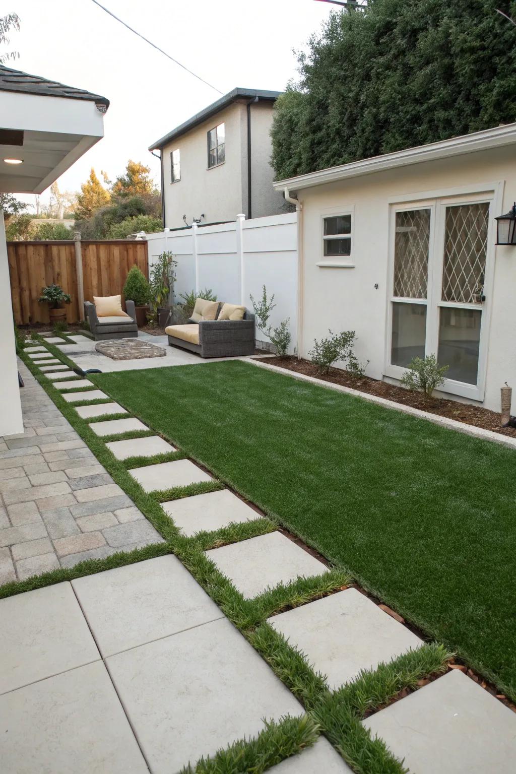 Low-maintenance elegance with artificial grass and pavers.