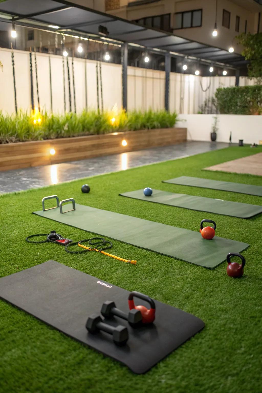 Create a functional fitness zone with soft artificial grass.