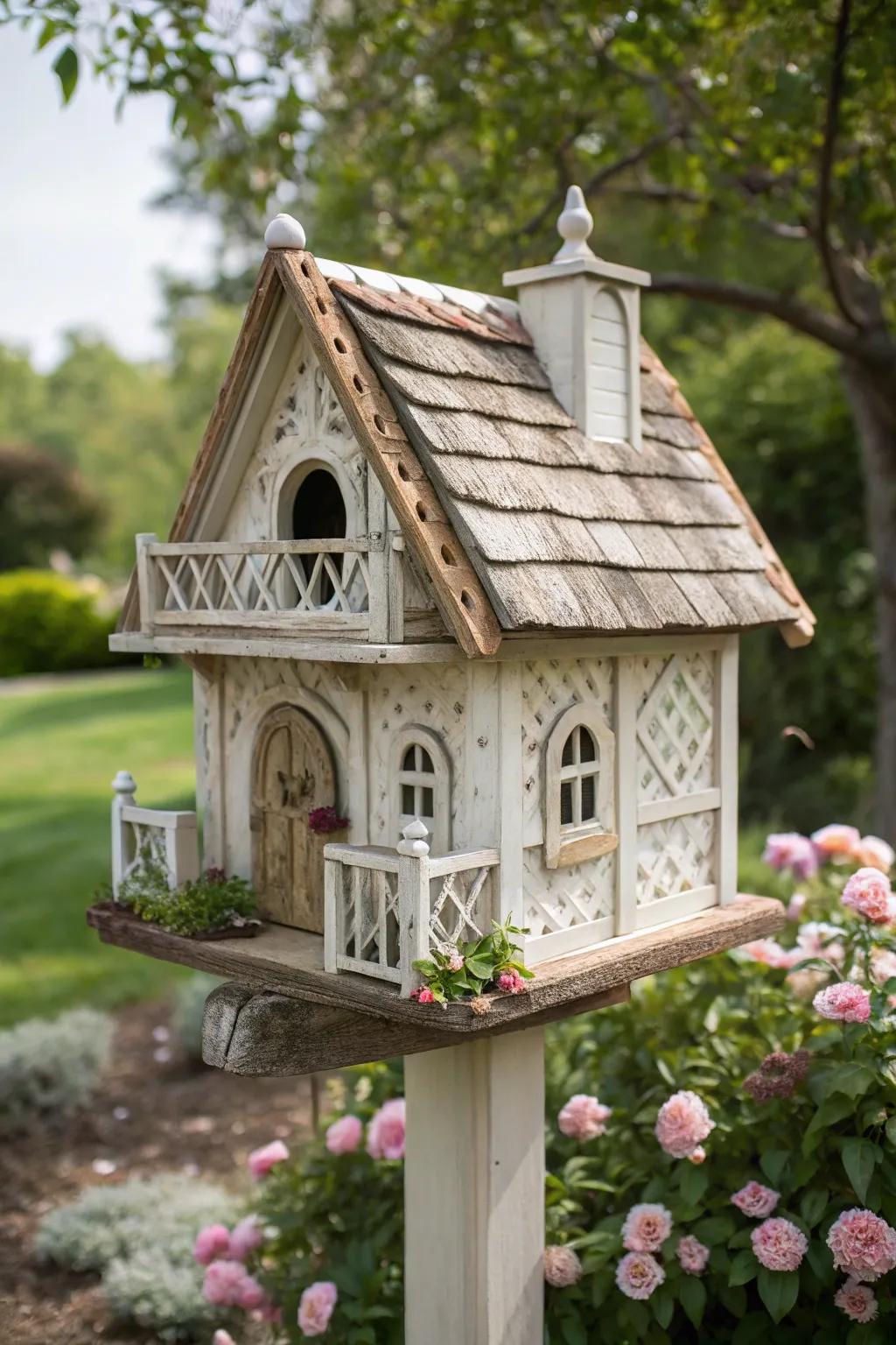 A birdhouse styled as a charming mini cottage.