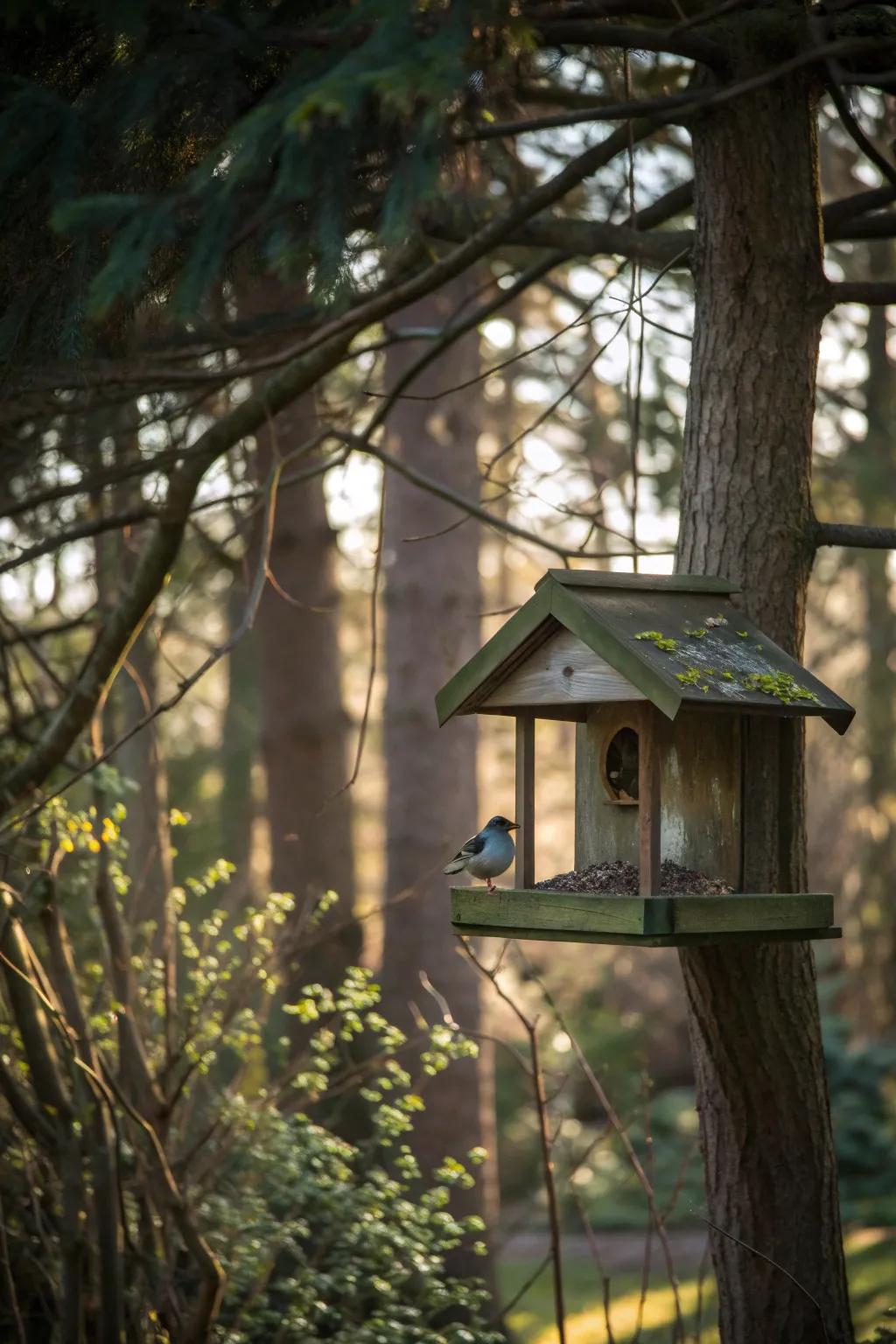 A birdhouse with practical additions like a feeder and perch.
