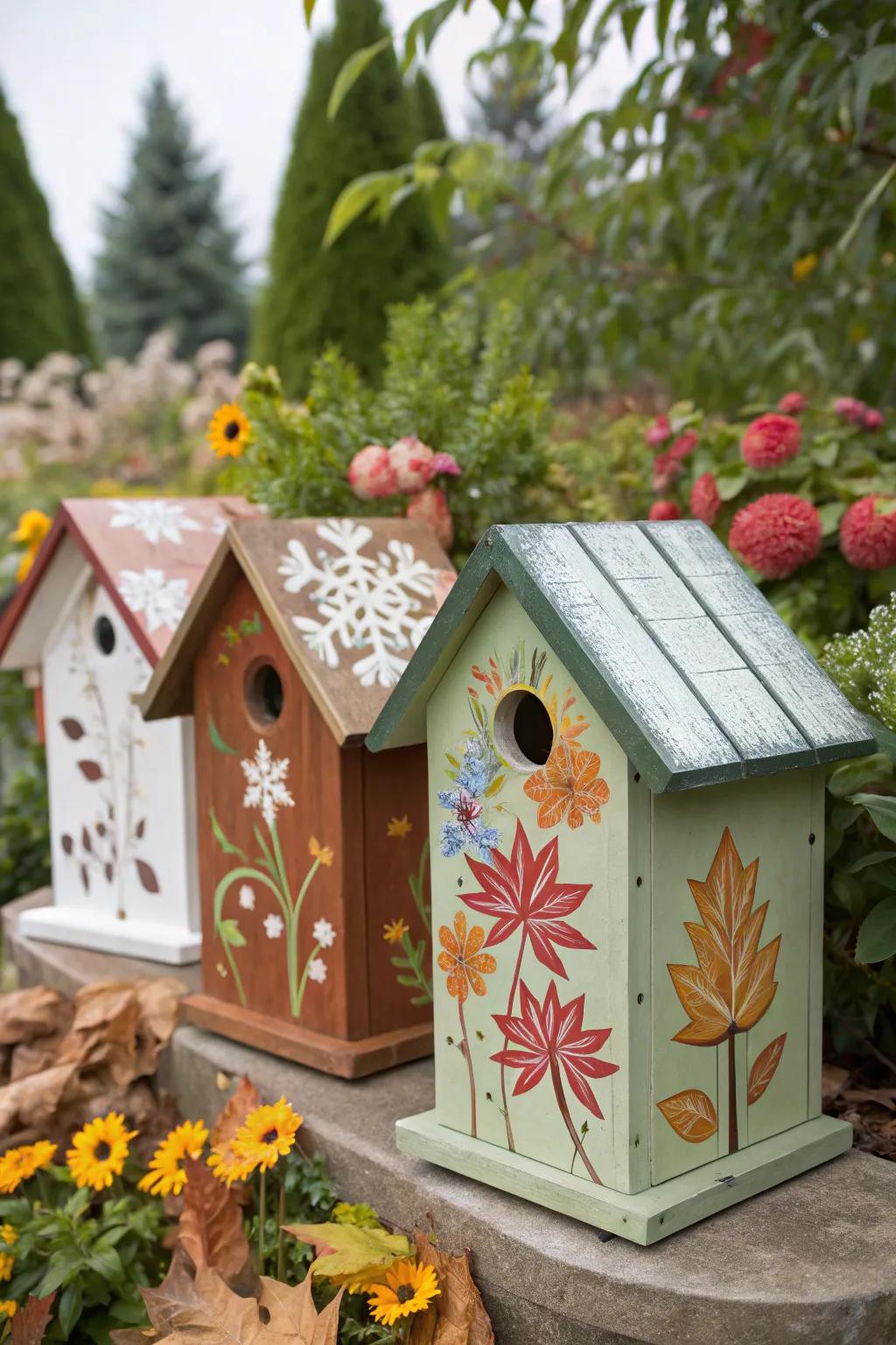 A themed collection of birdhouses celebrating different seasons.