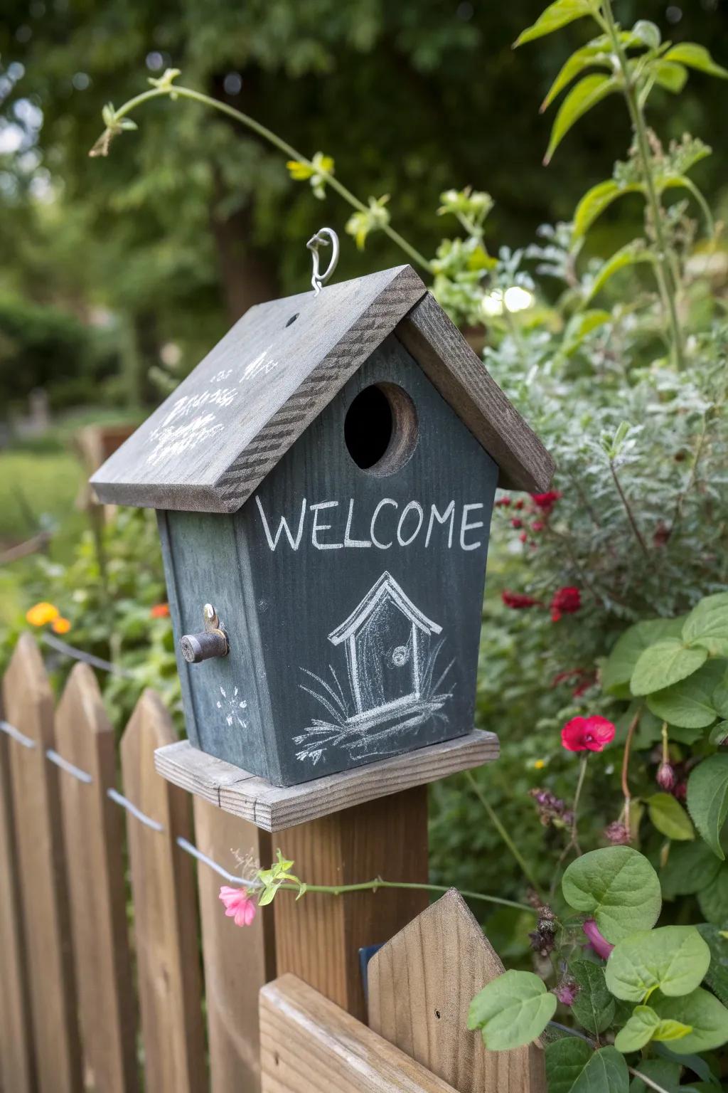 A birdhouse featuring a chalkboard paint surface.