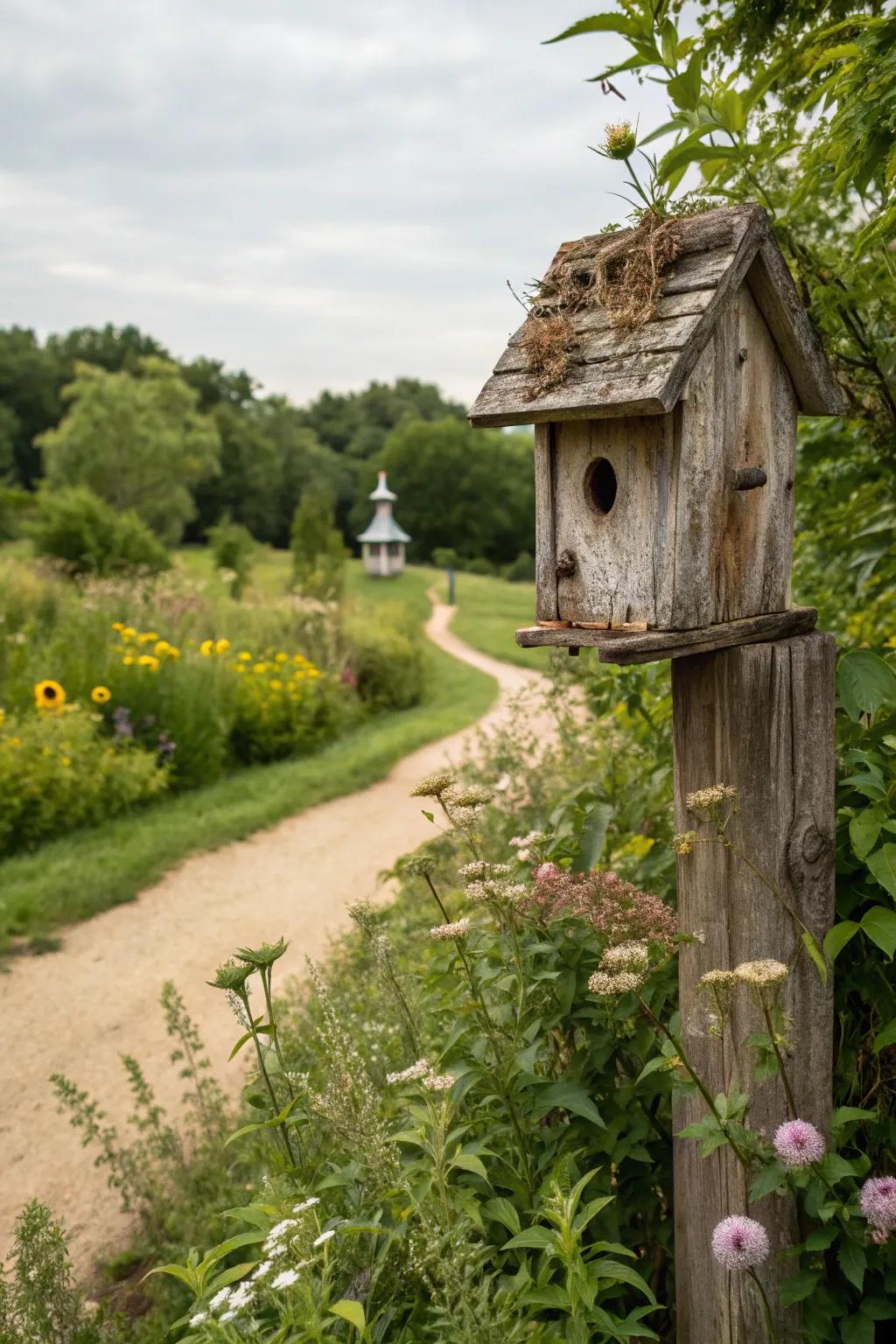 A birdhouse with a charming weathered finish.