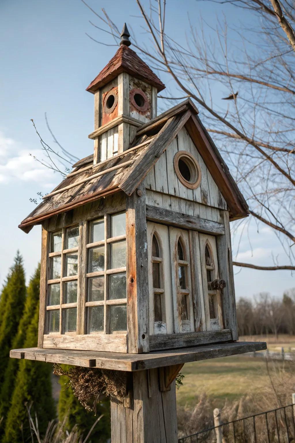 A birdhouse enhanced with distinctive architectural features.