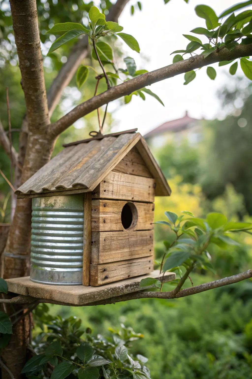 A birdhouse made from upcycled materials.