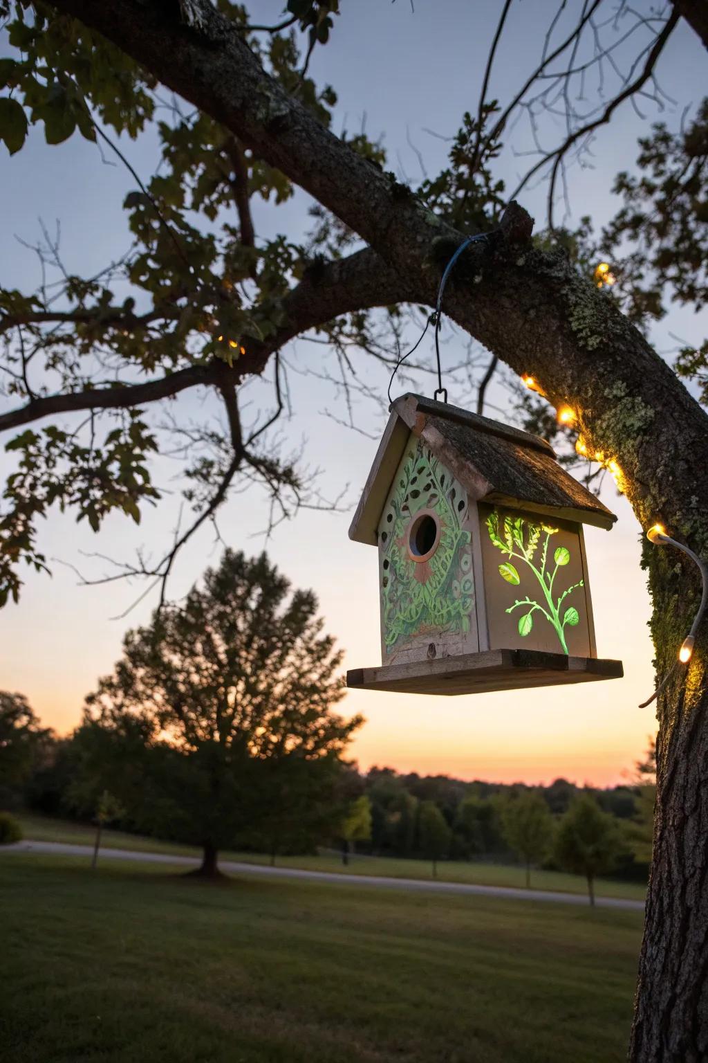 A birdhouse glowing gently at night with special accents.