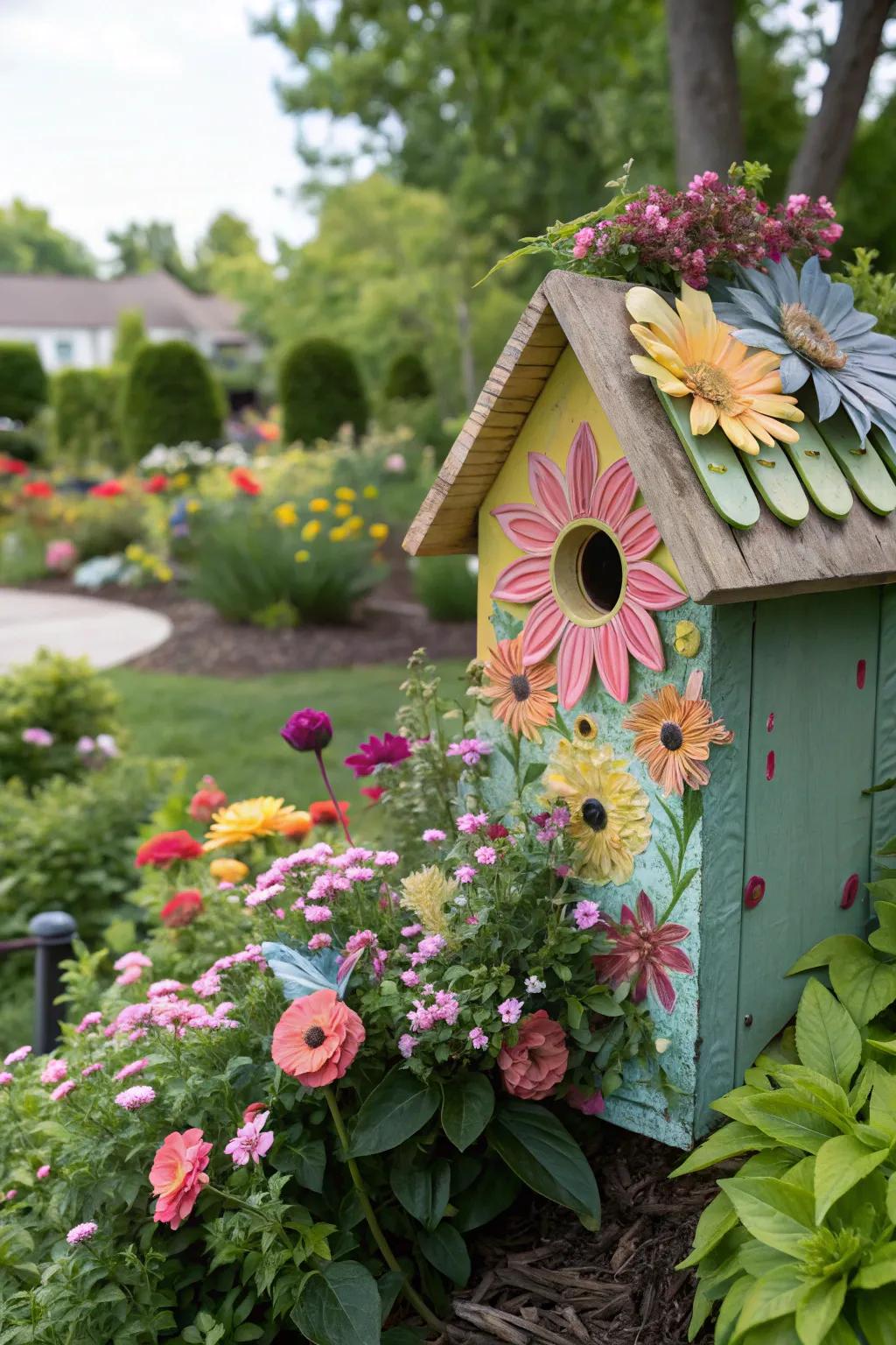 A birdhouse with vibrant floral decorations.