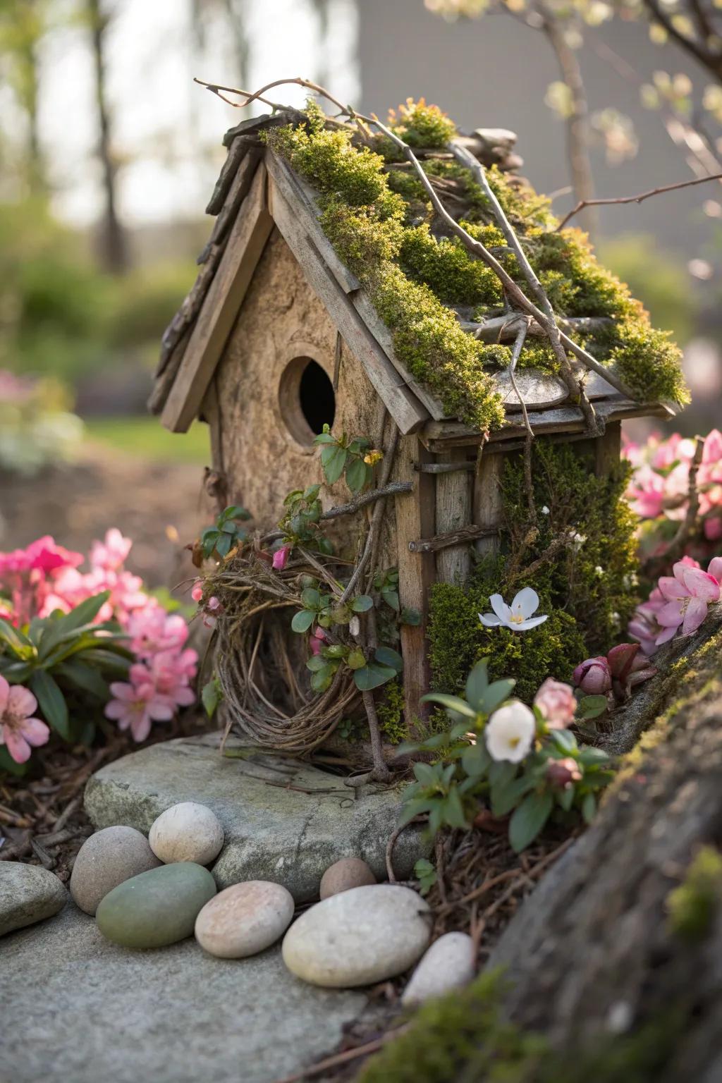 A birdhouse adorned with natural elements like twigs and moss.
