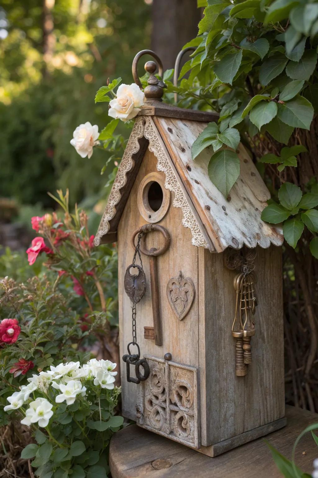 A birdhouse adorned with charming vintage details.