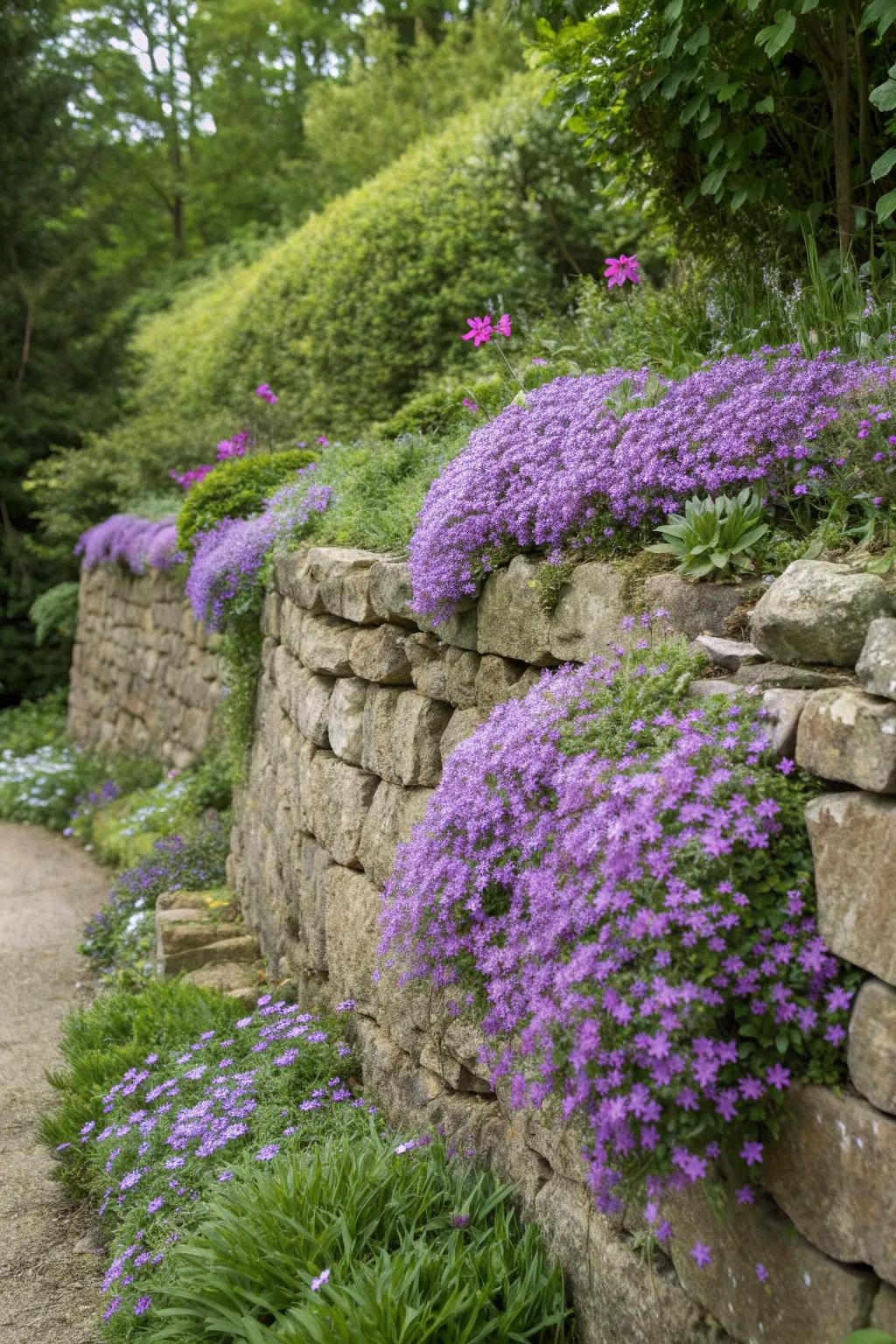 Aubretia cascades beautifully over garden walls.