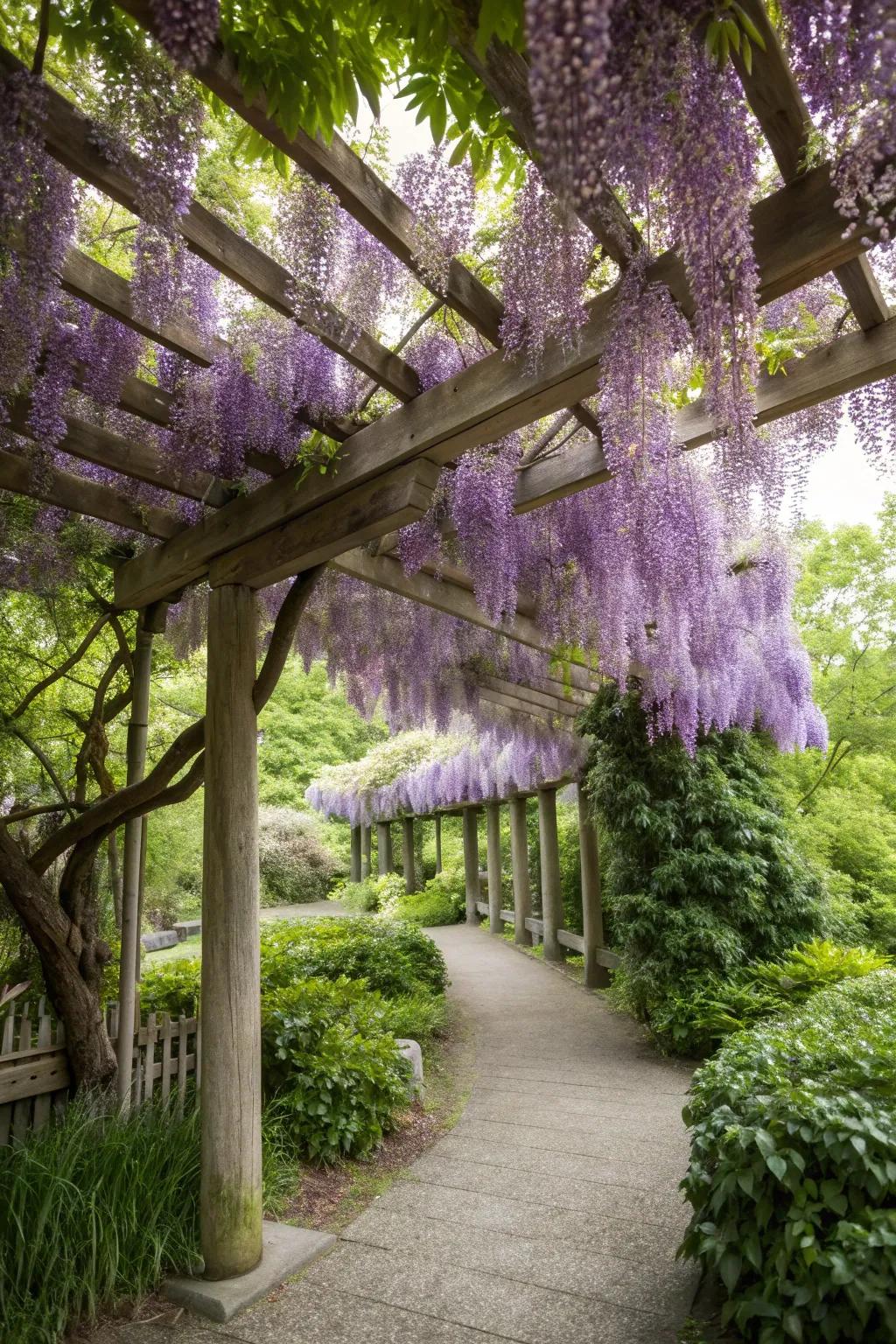 Wisteria creates a romantic canopy with its hanging blooms.
