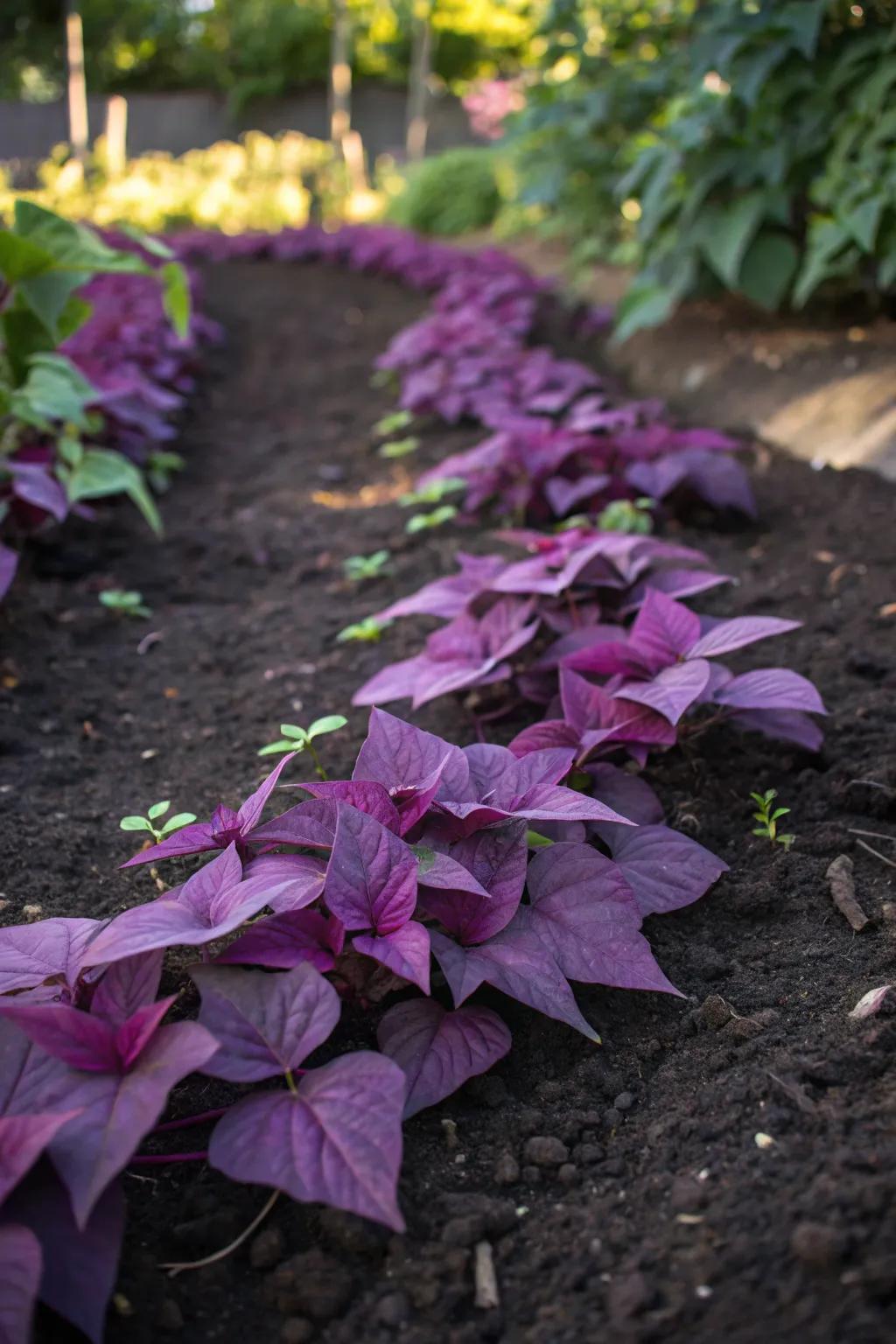The sweet potato vine offers a rich, velvety purple spread.