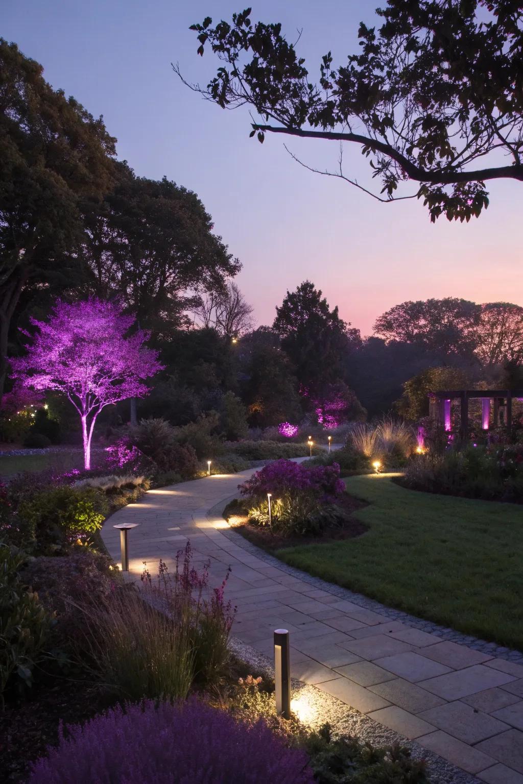 Purple lighting adds a dramatic and enchanting glow to evening gardens.