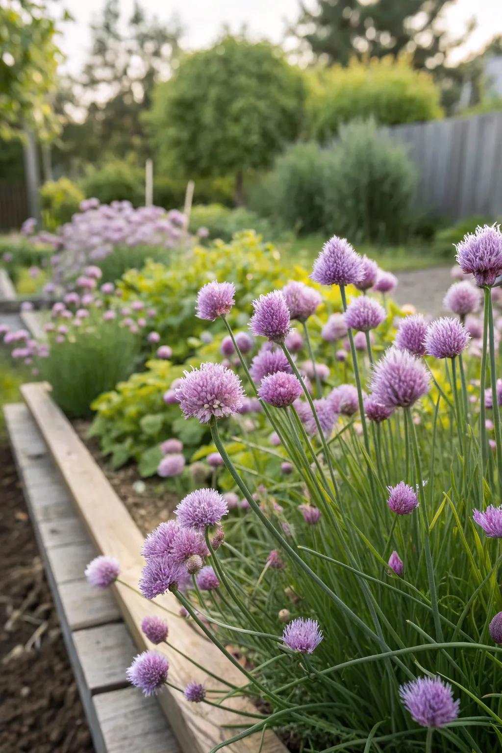 Chives offer culinary and visual delight with their purple blooms.